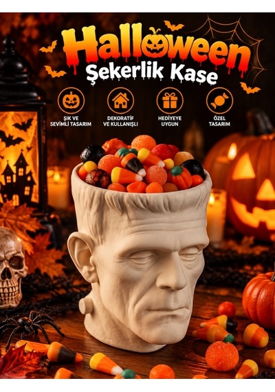 Halloween Cadılar Bayramı Dekoratif Frankenstein Kafa Şekerlik Kase Masa Üstü Dekor