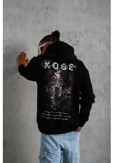 Vexor Unisex Sırt Baskılı Kapüşonlu Üç İplik Oversize Sweatshirt - Siyah