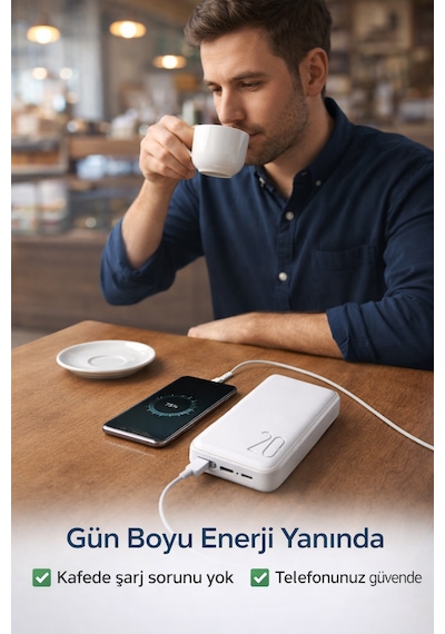 20.000 Mah Powerbank Hızlı Şarj Led Göstergeli Çift Usb Type-c Girişli Taşınabilir Şarj Cihazı Beyaz