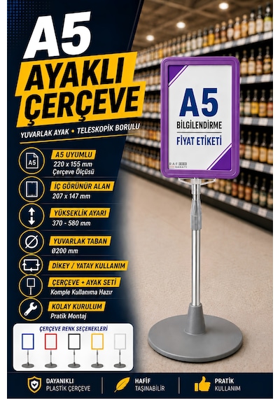 A5 Ayaklı Menü Ve Fiyat Bilgi Standı Yuvarlak Tabanlı Teleskopik Çerçeve Etiketlik Mor