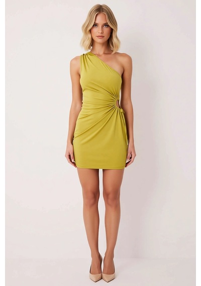 Benerly Kadın Asimetrik Yaka Tek Omuz Bodycon Mini Abiye Elbisesi Bel Det Yeşil
