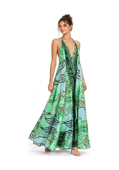 Lili Woman Kadın Yeşil Ombreli Batik Desenli Halter Yaka Otantik Maxi Elbise Mo.melb01y
