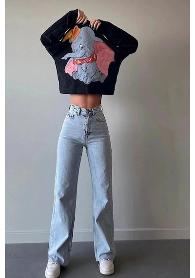 Woddi Mori Kar Palazzo Likralı Bel Mavi Salaş Jean Pantolon New Sezon-3 Taş1