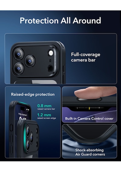 Esr Apple Uyumlu iPhone 17 Pro Max Kamera Kontrol Koruma Butonlu Classic Hybrid Magsafe Kılıf+cam li Set Şeffaf Siyah