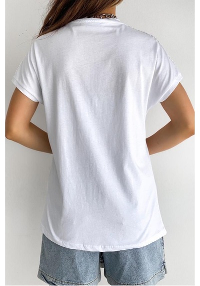Femelle Kadın Beyaz Bisiklet Yaka Dantel Detaylı %100 Pamuk Tasarım T-shirt
