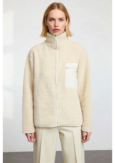 Benerly Kadın Dik Yaka Düşük Kol Tam Fermuarlı Peluş Sweatshirt Fonksiyon Taş