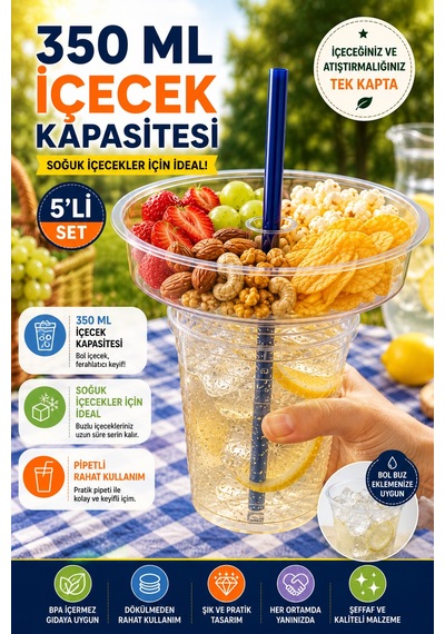 5'li Set Atıştırmalık Hazneli Bardak 350 Ml Pipetli Pet Piknik Sinema Parti İçecek Bardağı Seti 17 Cm Şeffaf