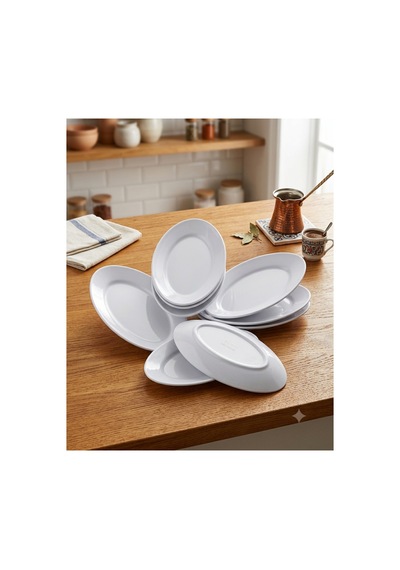 4 Adet Kırılmaz Melamin Oval Kayık Tabak Orta Salata Tabağı 30 X 19 Cm - Beyaz Beyaz