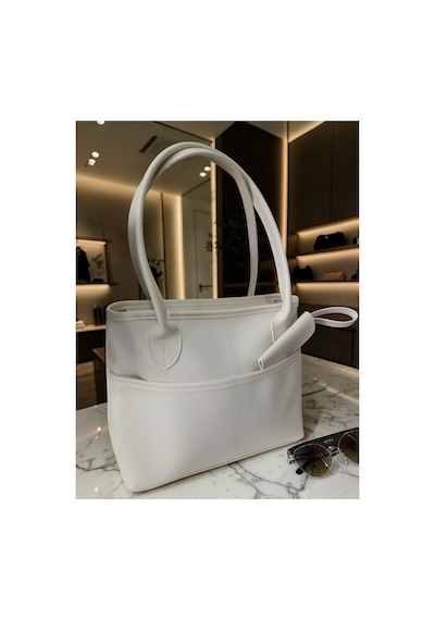 Kadın Tote Shopper Çanta Kontrast Dikiş Ön Cep Ve Cüzdan Detaylı Geniş Hacimli Casual Günlük Omuz Çantası Krem