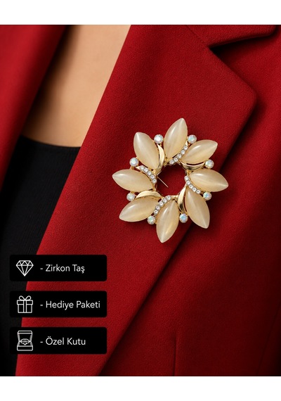 Hediye Opal Taş Görünümlü Gold Renk Kadın Broş Modeli Açık Gri