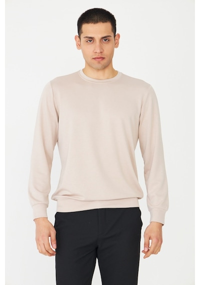 White Stone Bej Basic Bisiklet Yaka Erkek Sweatshirt Taş