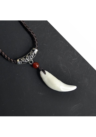 Doğal Tibet Beyaz Kurt Dişi Kolye Ayarlı Örgü Ipli Metal Charm Bo Bronz
