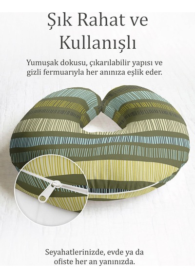 Modern Çizgili Pamuklu Boyun Yastığı - Doğal Yeşil Sarı Mavi Desenli Yetişkin Seyahat Yastığı Çok Renkli