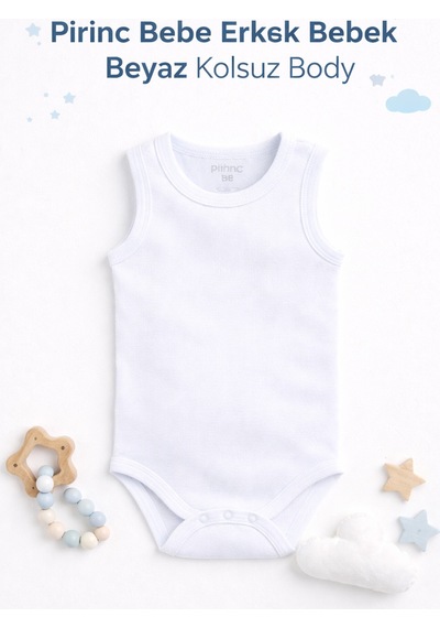 Pirinç Bebe Unisex Bebek Kolsuz Body 2 Li Set Mavi Beyaz - 833300319 Beyaz