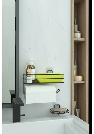 Zabata Yapışkanlı Banyo Rafı Kağıt Havlu Tutacağı Ve Metal Sabunluk Set Düzenleyici Siyah