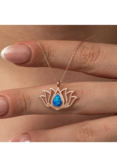 925 Ayar Gümüş Rose Kaplama Opal Taşlı Lotus Çiçeği Kolye Renkli