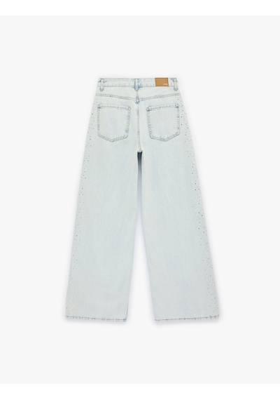 Koton Pamuklu Düğmeli Cepli Geniş Paça Taşlı Denim Pantolon - Wide Leg Jeans Açık İndigo 6sal40010md Açık İndigo