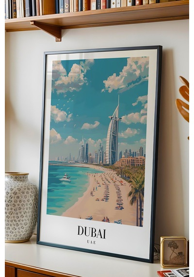 Dubai Uae Vintage Seyahat Posteri Çerçeveli Tablo - Premium Burj Al Arab Elit Duvar Dekoru Siyah