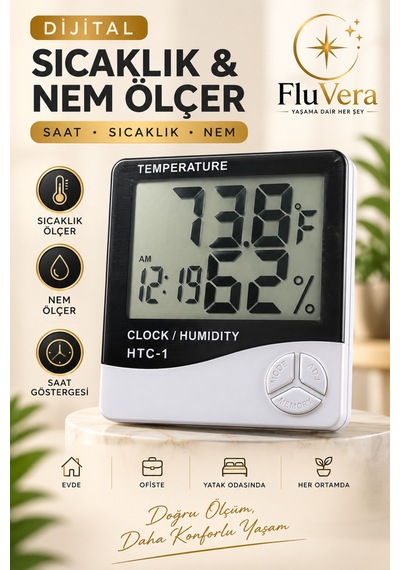 Dijital Termometre Nem Ölçer Saatli Higrometre Sıcaklık Ölçer Lcd Ekran