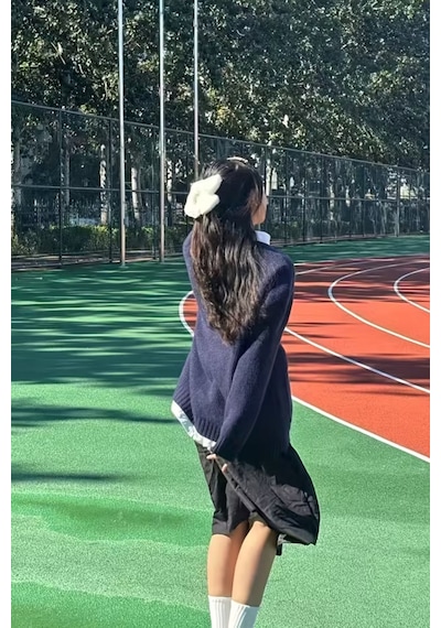 Kadın Oversize Cepli Düğmeli V Yaka Triko Hırka Lacivert