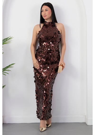 Kalopya Halter Yaka Büyük Pullu Elbise Abiye Ecr6094 Kahverengi