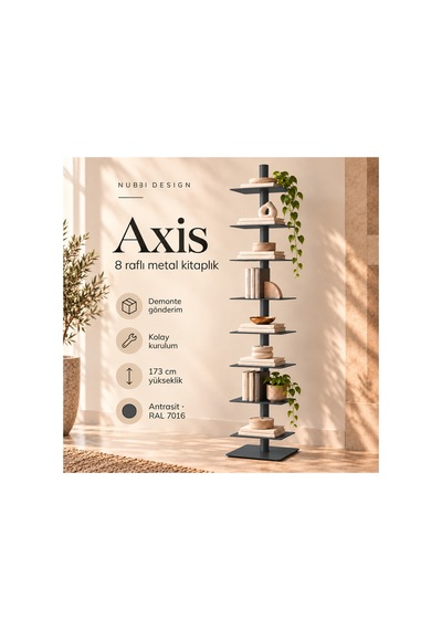 Axis 8 Raflı Metal Kitaplık Modern Tasarım Dikey Dekoratif Kitaplık Gri - 935176049 Gri