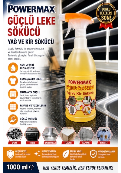 Powermax 2'li Güçlü Temizlik Seti 1000 Ml X 2 Banyo Kireç & Pas Sökücü + Yağ Ve Kir Sökücü Sprey Toplam 2000 Ml