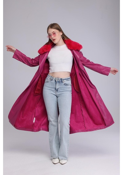 Selectmoda Kadın Peluş Yaka Deri Görünümlü Uzun Kaban Pembe
