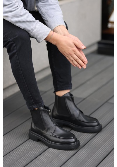 Shoetyle - Siyah Deri Fermuarlı Erkek Bot 250-085-1077 Siyah
