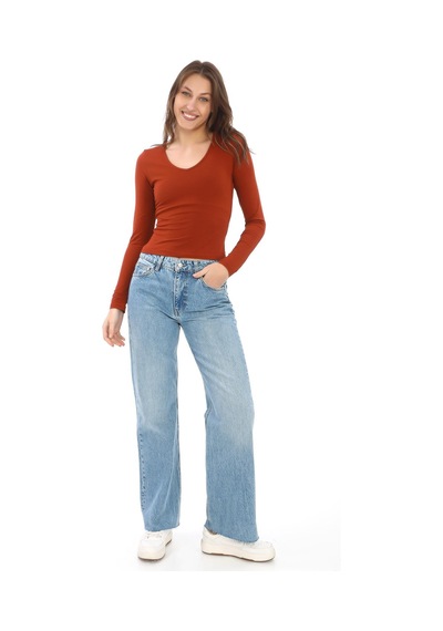 V Yaka Slim Fit Tişört-kiremit Kiremit