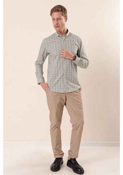 İmza Beyaz Uzun Kollu Baskılı Cepsiz Pamuklu Likralı Casual Slim Fit Dar Kesim Gömlek 1004230134-beyaz Beyaz