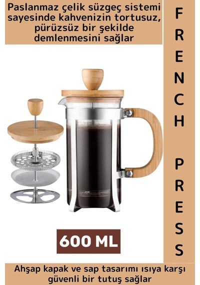 Premium Isıya Dayanıklı Kahve Demleme Bitki Çayı Ahşap Kapak Sap Detaylı Cam French Press 600 Ml Çok Renkli