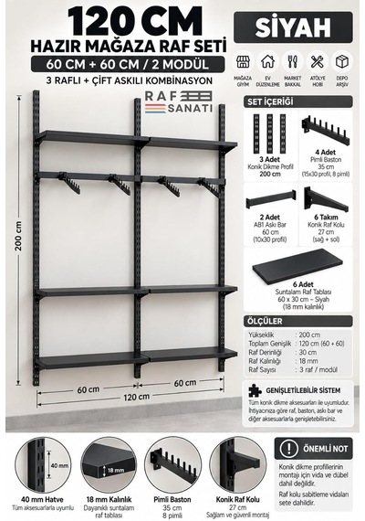 Tr 120 Cm Duvar Raf Askılık Sistemi 6 Raflı 2 Modül 200 Cm Konik Dikme Hazır Set Siyah Genel