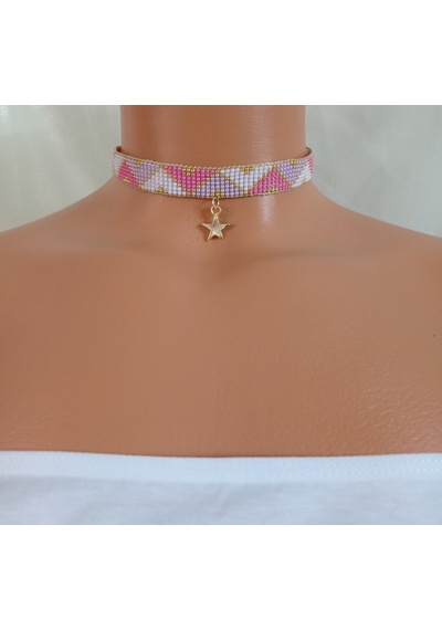 Kum Boncuk Yıldızlı Dokuma Choker Altın - Siyah