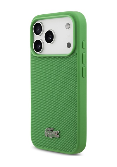 Apple Uyumlu iPhone 18 Pro Kılıf Lacoste Lisanslı M-safe Şarj Özellikli Pu Pike Desenli Metal Logolu Kapak Yeşil