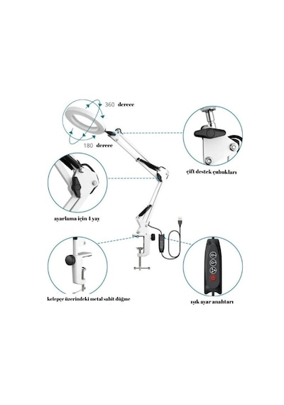 Işıklı Masa Üstü Büyüteç 8x ,2 Kollu, 64 Led, 3 Işık Modlu, Usb Kumandalı