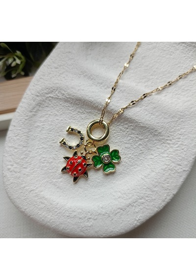 Lente Aksesuar Yonca, Uğurböceği, Nal Figürlü Çelik 14k Altın Rengi Charm Şans Kadın Kolye Gold