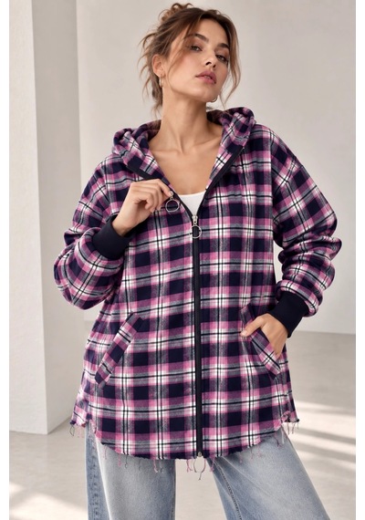 Bb Butik Basic Kapüşonlu Fermuarlı Oversize Ekose Oduncu Gömlek Ceket Kadın Rahat Mevsimlik Günlük Tr0935 Fuşya