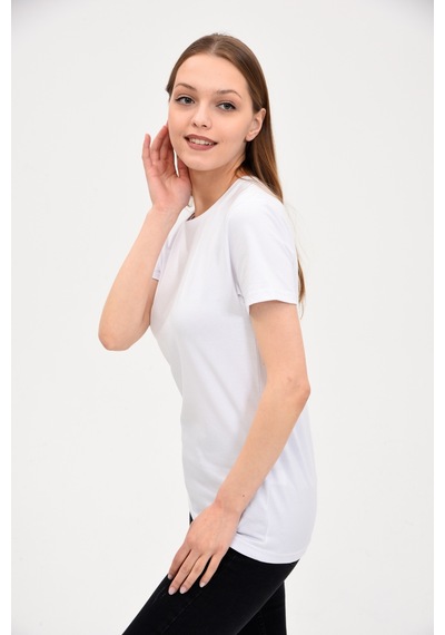 Kadın Bisiklet Yaka Basic T-Shirt Beyaz