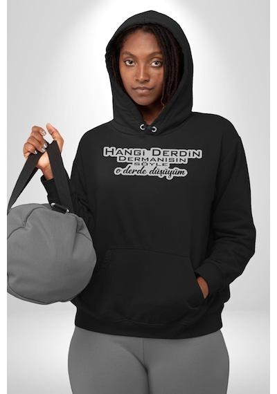 Hangi Derdin Dermanısın Söyle O Derde Düşüyüm Yazılı Kadın Erkek Siyah Kapüşonlu Sweatshirt Hoodie Siyah