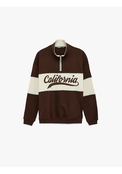 Koton Oversize Şardonlu Renk Bloklu Kolej Baskılı Yarım Fermuarlı Sweatshirt Kahverengi 6wam70034mk Kahverengi