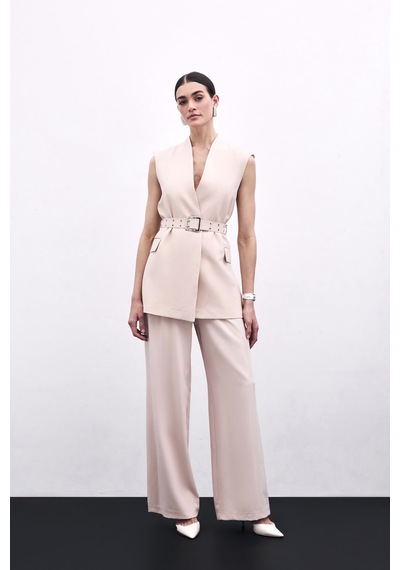 Sateen Kemerli Uzun Yelek - Bej-135805 Bej