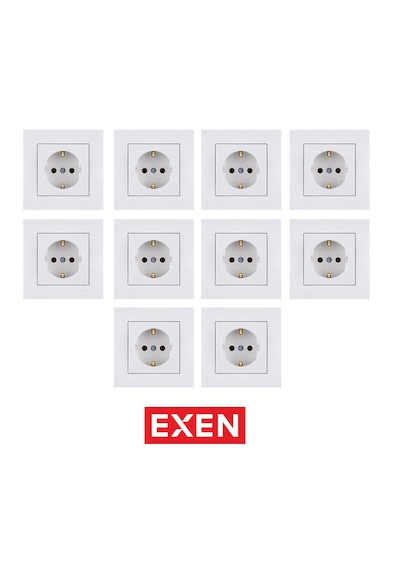 Exen Beyaz Topraklı Priz Mekanizma+çerçeve 10 Adet Priz