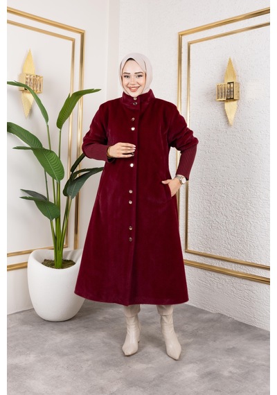 Hb Harma Time Butik Kadın Astarlı Angora Düğmeli Bordo Kaban