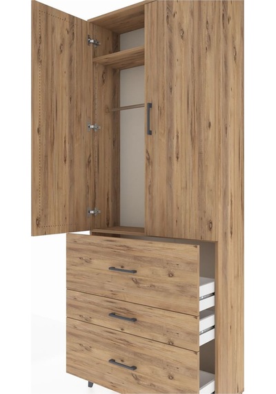 Arges Dolap 2 Raflı 3 Çekmeceli Tek Askılı 88x30x221 Çam-çam Çam