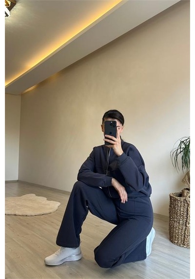 Neşeli Butik Kadın Fermuarlı Oversize Sweat Ve Yüksek Bel Eşofman Takımı Nm018 Antrasit