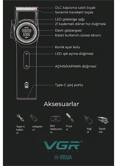 V-001 - Profesyonel Saç & Sakal Kesme Makinesi, 9000 Rpm Yüksek Hız, Dijital Led Ekran - Siyah