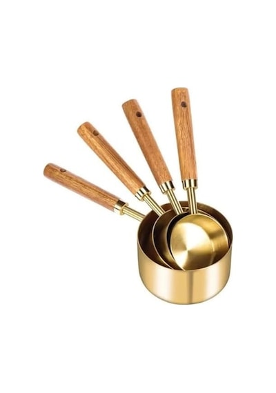 4 Boy Özel Üretim Ağaç Saplı Paslanmaz Çelik Ölçü Kaşığı Kabı Seti - Lüks Şık Doğal Görünüm, Otantik Altın Renk, 60 Ml - 80 Ml - 125 Ml - 250 Ml Ölçülerde