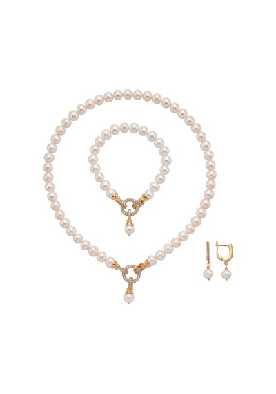 Halka Kilitli Doğal İnci Küpe Kolye Bileklik Üçlü Set 45 Cm / Rose Gümüş