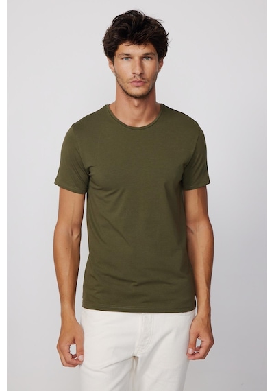 Tudors Slim Fit Bisiklet Yaka Düz Basıc Kısa Kol Haki T-Shirt-27718-Haki